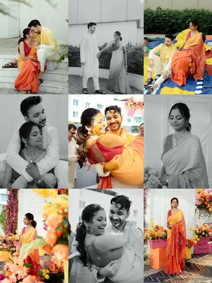 A beautiful collage from a Haldi ceremony, showing a mix of playful, candid, and romantic moments. It includes shots of the couple sharing quiet time and being joyfully covered in turmeric.