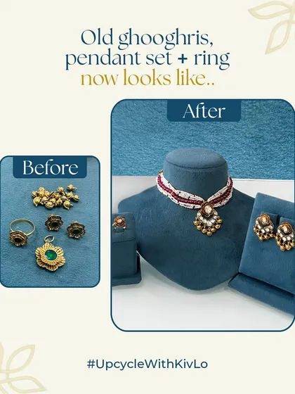 Old ghooghris, a pendant set, and a ring now look like this. We combined these broken and forgotten pieces into a beautiful, coordinated choker set with a matching ring, proving no piece is too small to be transformed.