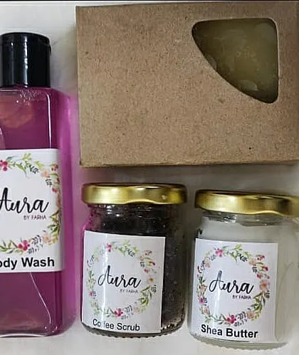 A closer look at the Mehendi return favors. This set includes my Lavender body wash, coffee scrub, Shea butter, and a Multani mitti soap, offering a complete mini-spa experience.