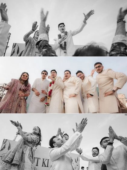 A collage of high-energy, candid moments from the Varmala, featuring the groom's friends lifting him up and guests cheering wildly.