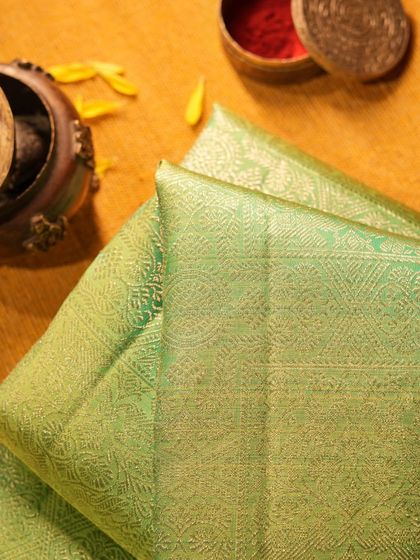 A light green brocade Kanjivaram, with a symphony of patterns on the body and delicate butas on the border.