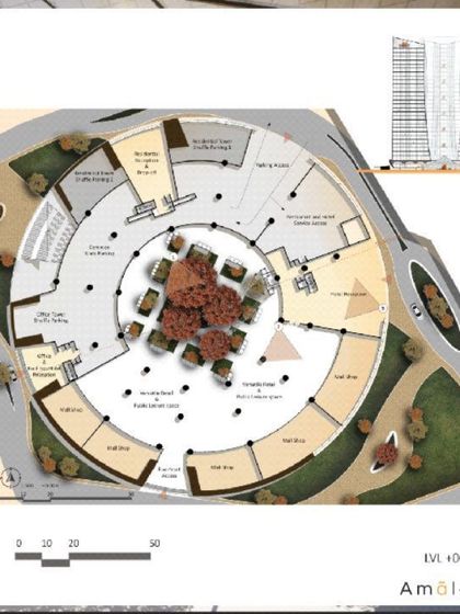 The ground floor plan for The Crown Jewel of Detroit. The circular layout is designed to be a public hub, with shops, galleries, and a central courtyard that invites people in.