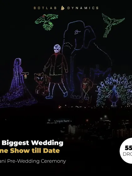 For the Ambani pre-wedding ceremony, we executed the biggest wedding drone show to date with a fleet of 5500 drones. We painted a vibrant love story in the sky, featuring intricate formations of the couple, elephants, and peacocks, setting a new standard for event celebrations.