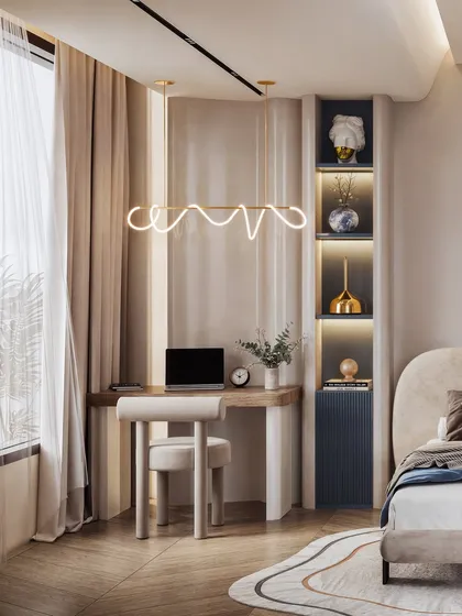 This shot highlights the compact and stylish study nook, with a custom neon light adding a personal touch.