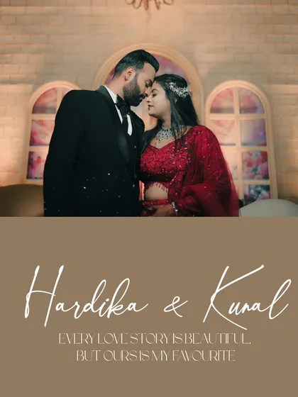 A romantic portrait with a text overlay, perfect for an album cover. This shot captures the couple in an intimate moment at their reception.