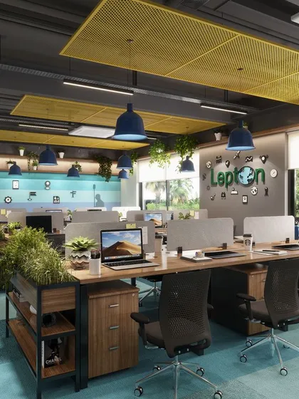 This perspective of the office space shows the flow and connectivity of the layout. The design ensures that every workstation has access to natural light from the large windows, promoting employee well-being and productivity.