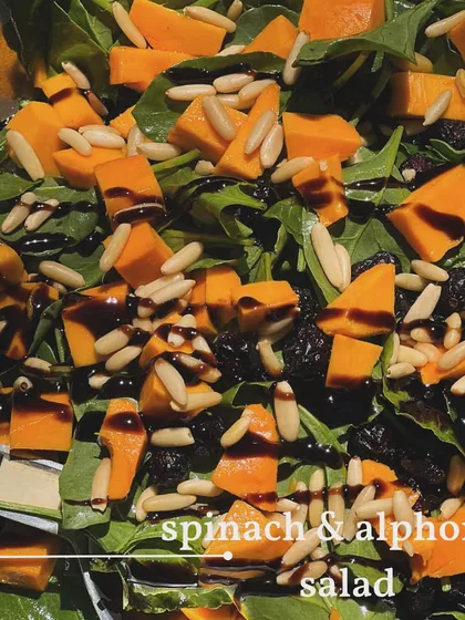 My Smooth Leaf Spinach and Alphonso Salad. The sweetness of the mango is balanced by the earthy spinach, tart cranberries, and a balsamic dressing, all topped with crunchy pine nuts.