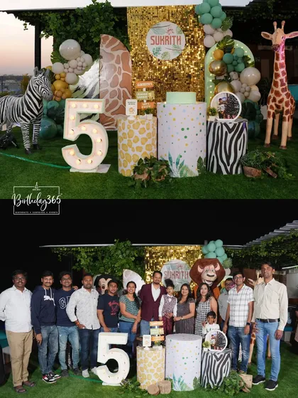 A wild safari adventure on a rooftop! For Sukrith's fifth birthday, we transformed the space into a jungle with a gold sequin backdrop, life-sized animal props, and custom animal-print pedestals, proving that a grand adventure can happen anywhere.