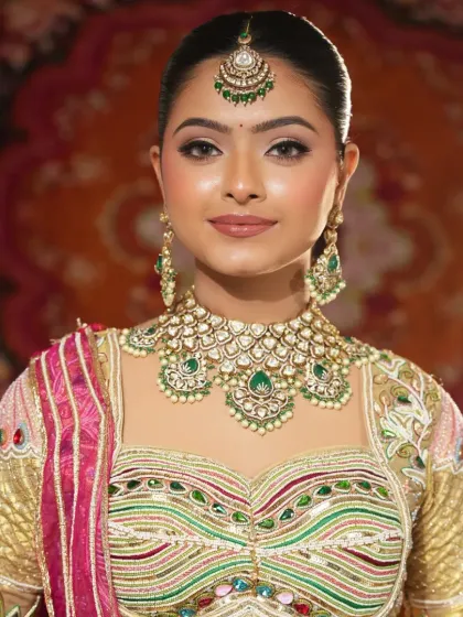 This is one of my most loved bridal sets, featuring a multi-colored lehenga with a stunning emerald and kundan jewellery set. The rich colors and detailed craftsmanship are perfect for a bride who wants a traditional and regal look.