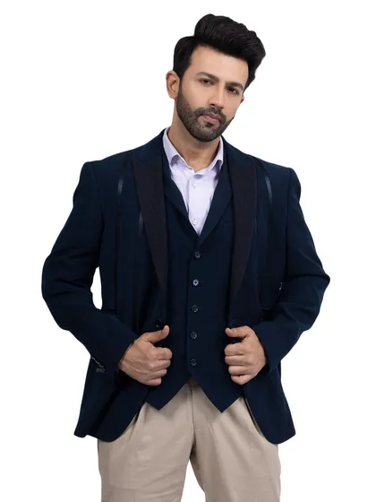 A repeat of a classic three-piece suit shot, providing an alternative pose for a comprehensive product catalogue. Consistency in lighting and style is key for e-commerce.