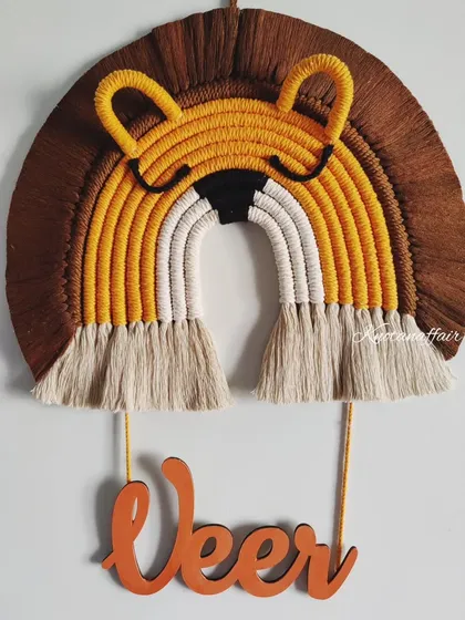 I love making special pieces like this macrame lion wall hanging for a little one named Veer. Creating personalized decor for a nursery or kid's room is so rewarding. I can customize these with any name and color scheme to make a truly unique and cherished gift.