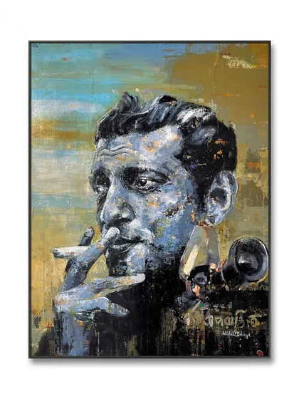 My 3x4 feet acrylic on canvas portrait of the master filmmaker, Satyajit Ray. I used my custom-designed palette knives and tools to build up the texture and capture his thoughtful, visionary gaze.