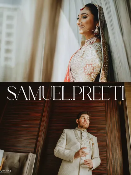A diptych showing the bride in her traditional Indian attire and the groom in his elegant sherwani, capturing their individual looks before they unite.