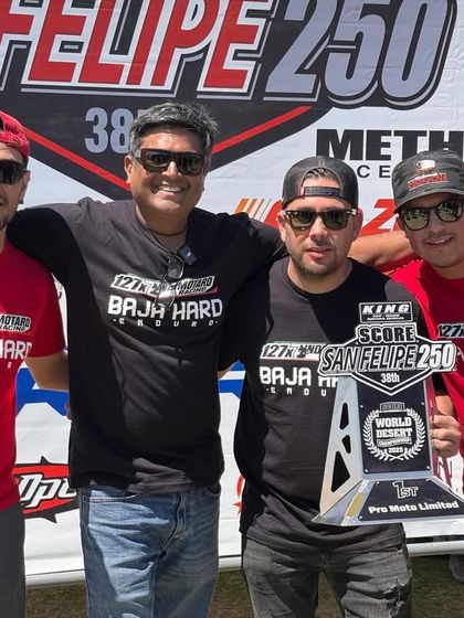 Posing with the first place trophy for the Pro Moto Unlimited class at the San Felipe 250. A proud moment for the Baja Hard Group and our entire support team.