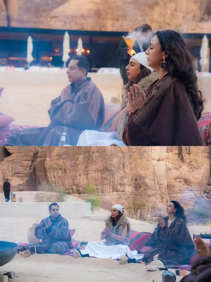 Meditating together during the Zodiac Ritual in Al-Ula. The combination of the fire, the gong, and the collective intention creates a powerful field of energy for transformation.