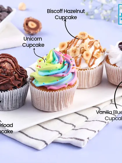 I love making cupcakes for all occasions. Here are some of my favourites: the decadent Overload Cupcake, a magical Unicorn Cupcake, the nutty Biscoff Hazelnut, and a fruity Vanilla Blueberry.