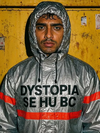 A man in a silver raincoat with the phrase 'DYSTOPIA SE HU BC'. This piece from my 'Rainquotes' series uses popular Hinglish slang to make a bold, cynical statement about our current reality.