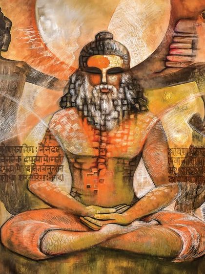 This large 36x48 inch acrylic on linen painting, 'INCARNATION-II', depicts a meditating sage. This original artwork has been sold.