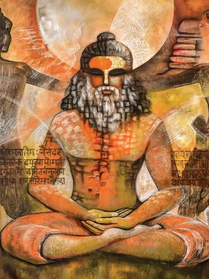 This large 36x48 inch acrylic on linen painting, 'INCARNATION-II', depicts a meditating sage. This original artwork has been sold.