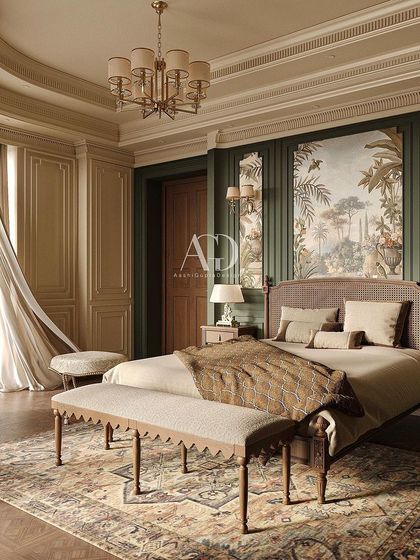 A rich and textured mix of Victorian and classical styles. The deep green paneled walls are adorned with a beautiful jungle-themed mural, creating a cozy and immersive retreat that feels both adventurous and sophisticated.