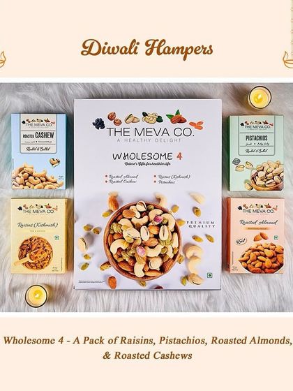 For a wholesome and healthy gift, we offer this premium dry fruit collection. It includes four varieties of roasted almonds, cashews, pistachios, and raisins, perfect for nutritious snacking during the festivities.
