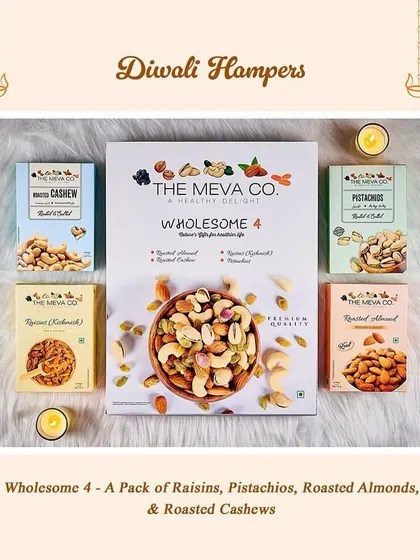For a wholesome and healthy gift, we offer this premium dry fruit collection. It includes four varieties of roasted almonds, cashews, pistachios, and raisins, perfect for nutritious snacking during the festivities.