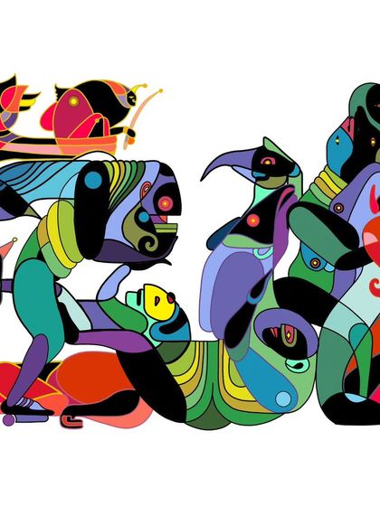A composite illustration from the 'God Like Creatures' series, showing multiple mythical beings interacting in a vibrant, colorful composition.