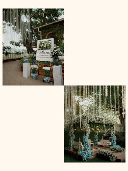 Details from a white and blue themed wedding. We created a custom welcome sign and a cozy seating area, all tied together with elegant floral arrangements.