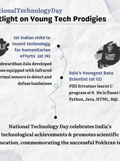 Continuing our National Technology Day spotlight, this graphic features young innovators who developed drones to defuse landmines and became Asia's youngest data scientist. They are the future of technology.