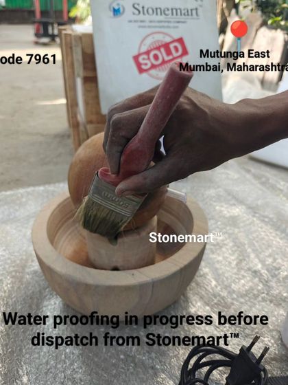 The waterproofing process is essential to protect the stone and ensure the fountain's durability.