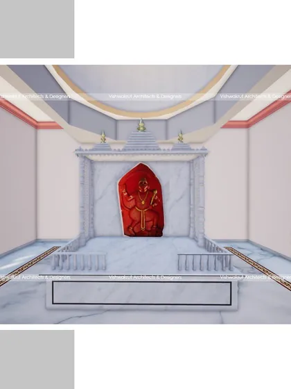 Another angle of the 'garbhagriha' render for the Hanuman Mandir. This view shows the ceiling design and how the space is shaped to draw focus to the sacred idol.
