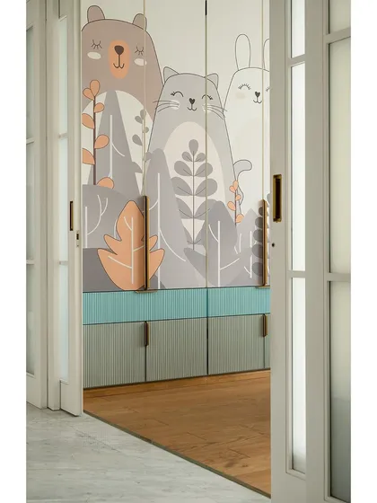 A peek into the kids' room through the doorway, revealing the charming hand-painted wardrobe. The soft tones and wooden accents create a warm and calming atmosphere.