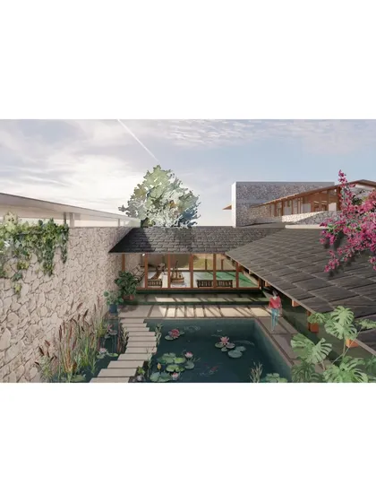 This render shows the water court adjoining the entry verandah of the 'Summerhouse', creating a tranquil and welcoming arrival experience.