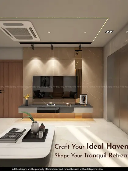 Let me help you craft your ideal haven. This living room design features a floating TV unit against a marble-paneled wall, with an in-built home elevator seamlessly integrated into the decor.
