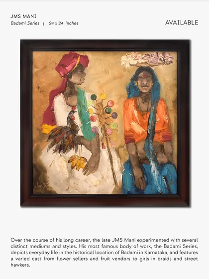 This classic piece from the "Badami Series" by the late JMS Mani depicts the vibrant energy of everyday life in the historic Karnataka town. His work is a cornerstone of our collection, representing a deep connection to Indian culture and landscape.