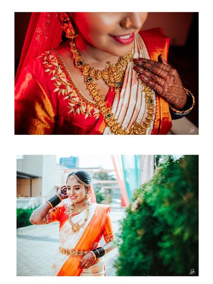 A collage from a real bridal shoot, combining a detailed shot of the jewelry and blouse embroidery with a happy, candid walking shot. This shows our ability to capture both posed details and spontaneous moments.