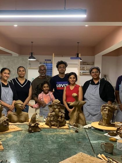 The wrap-up of our 2-day sculpture workshop. A group of proud students with their incredible finished terracotta pieces.
