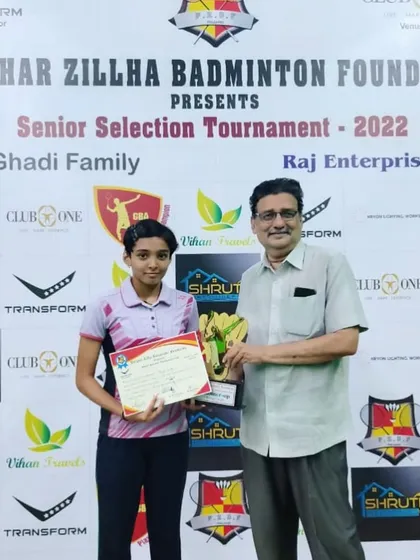 Mansita securing first place in the Women's Singles at the Palghar Zillha Senior District selection tournament. A proud moment for the academy.