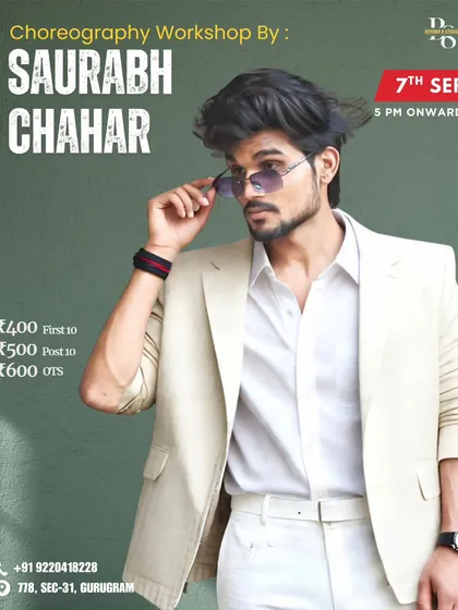 This poster for a choreography workshop with Saurabh Chahar highlights the different pricing tiers we offer, making it easy for students to plan and register.
