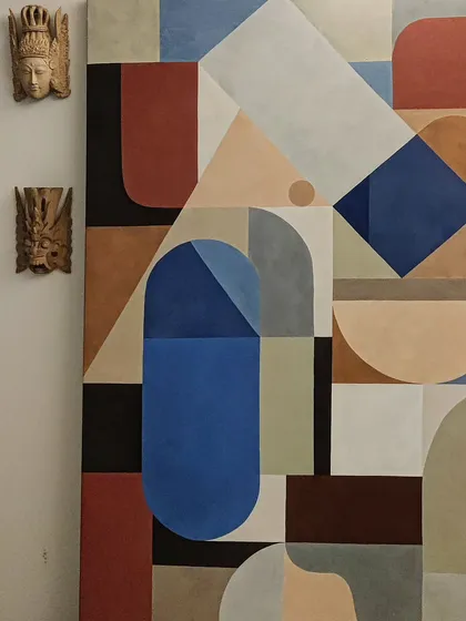 For this piece, I focused on the interplay of shape and color. This large geometric abstract painting uses a balanced composition of blues, browns, and neutral tones to create a modern and sophisticated look for interior spaces.