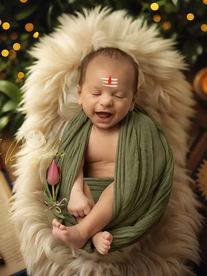 A blessed beginning. This portrait was designed with cultural significance, featuring a 'trishul' and other symbolic elements to create a divine and meaningful image of this baby boy.