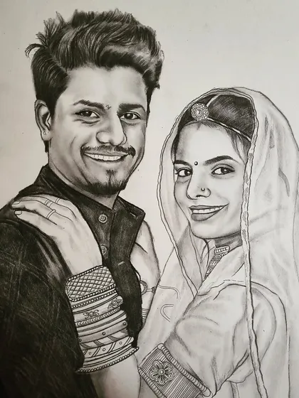 A classic couple portrait done with graphite pencils on A3 paper. My goal here is to capture the emotion and connection between two people, paying close attention to details like their expressions and traditional attire.