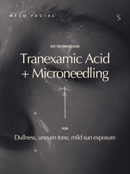 Our Meso Facial features key technologies like Tranexamic Acid and Microneedling. This combination is highly effective for treating dullness, uneven tone, and mild sun exposure.