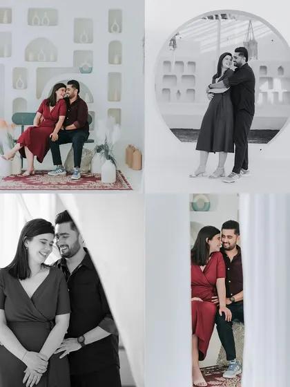A collage of images from a shoot in a modern, white architectural setting, showing a mix of color and monochrome portraits.