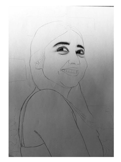 The step-by-step process of drawing Prajakta Koli. These images show how I build up the portrait from a simple outline to a fully rendered, smiling face.