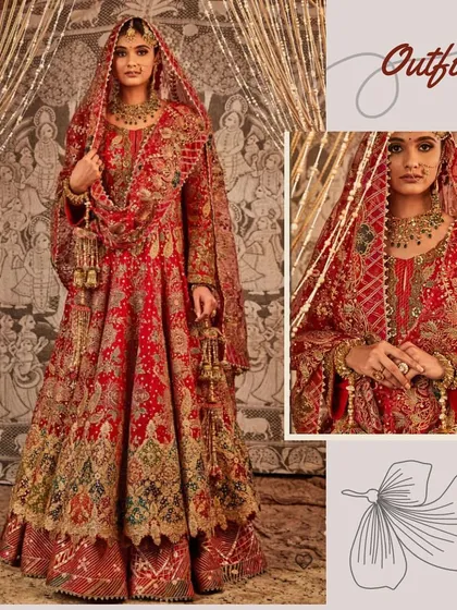 Outfit inspiration for a Punjabi bride, often featuring heavily embroidered lehengas in rich colors like red and pink.