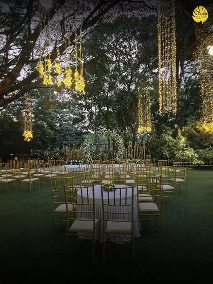 The combination of fairy light chandeliers and the natural canopy of our trees creates a spectacular open-air cathedral for your wedding ceremony or reception.