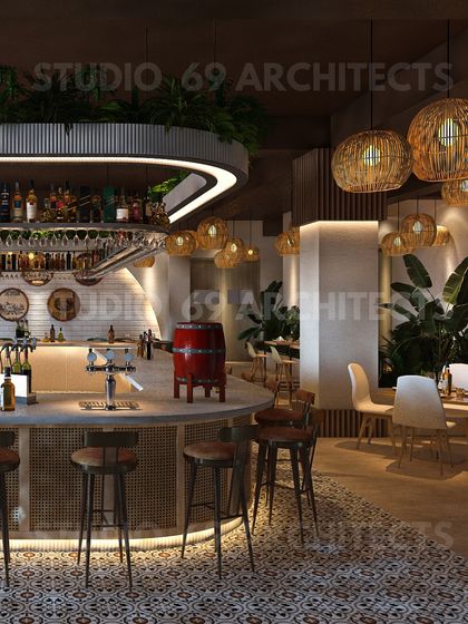 A 3D render of a pub interior, showcasing a warm and inviting atmosphere with rattan pendant lights, a curved bar, and lush greenery. This visual helps clients see the design before construction begins.