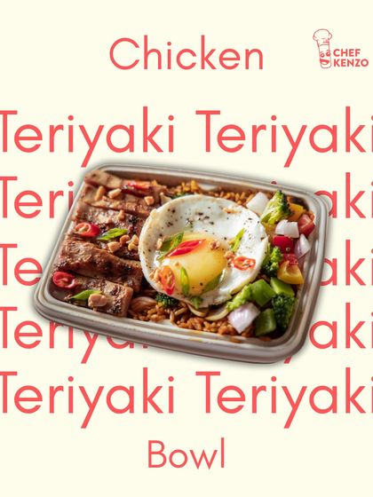 Our Chicken Teriyaki Bowl, packed and ready to go. It features tender chicken, a fried egg, and fresh vegetables over rice.