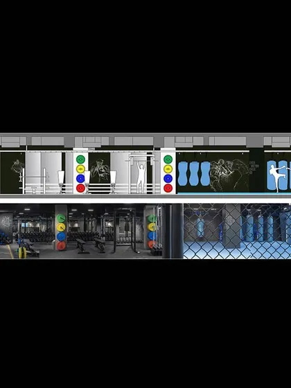 A wide view of our design process for the MMA Matrix Gym, comparing the concept illustration for the weight racks and punching bags to the finished, fully equipped space.